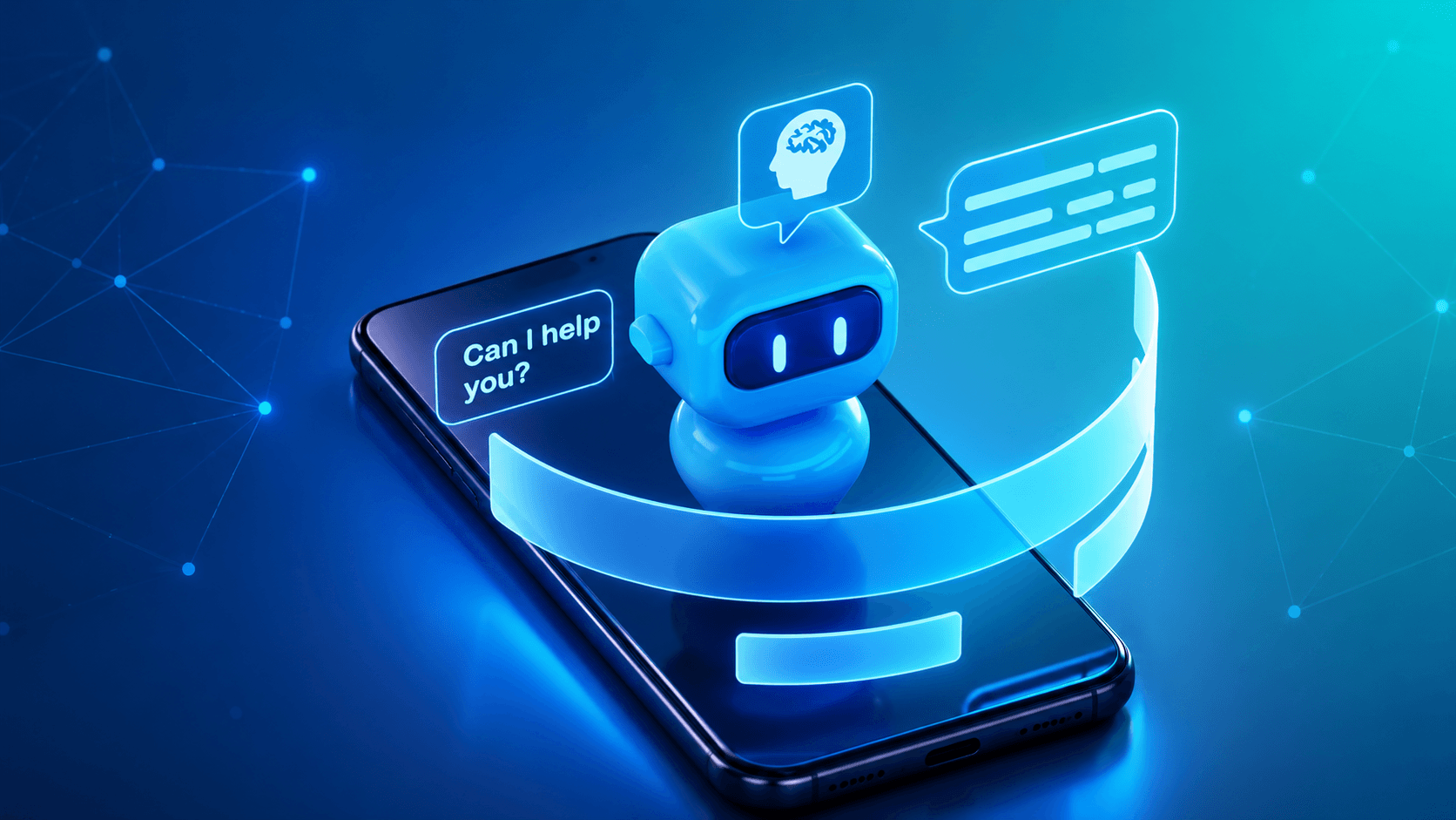 A.I. voice assistant on a phone screen asking a caller "Can I help you?"