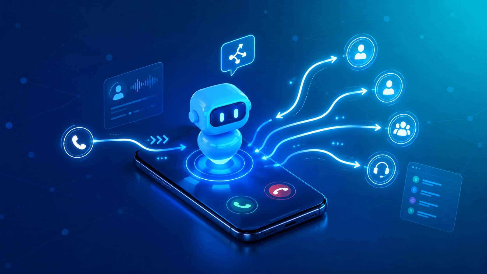 A.I. agent routing an incoming call out to team members, a department and a support queue